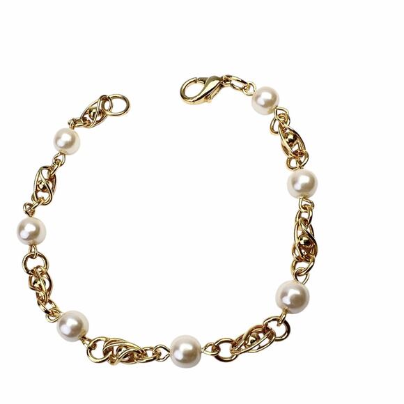 Fashion Bracelet Faux Pearl Station Chain Link Gold Tone Caged Ball Beads 7.5 In - Picture 2 of 6